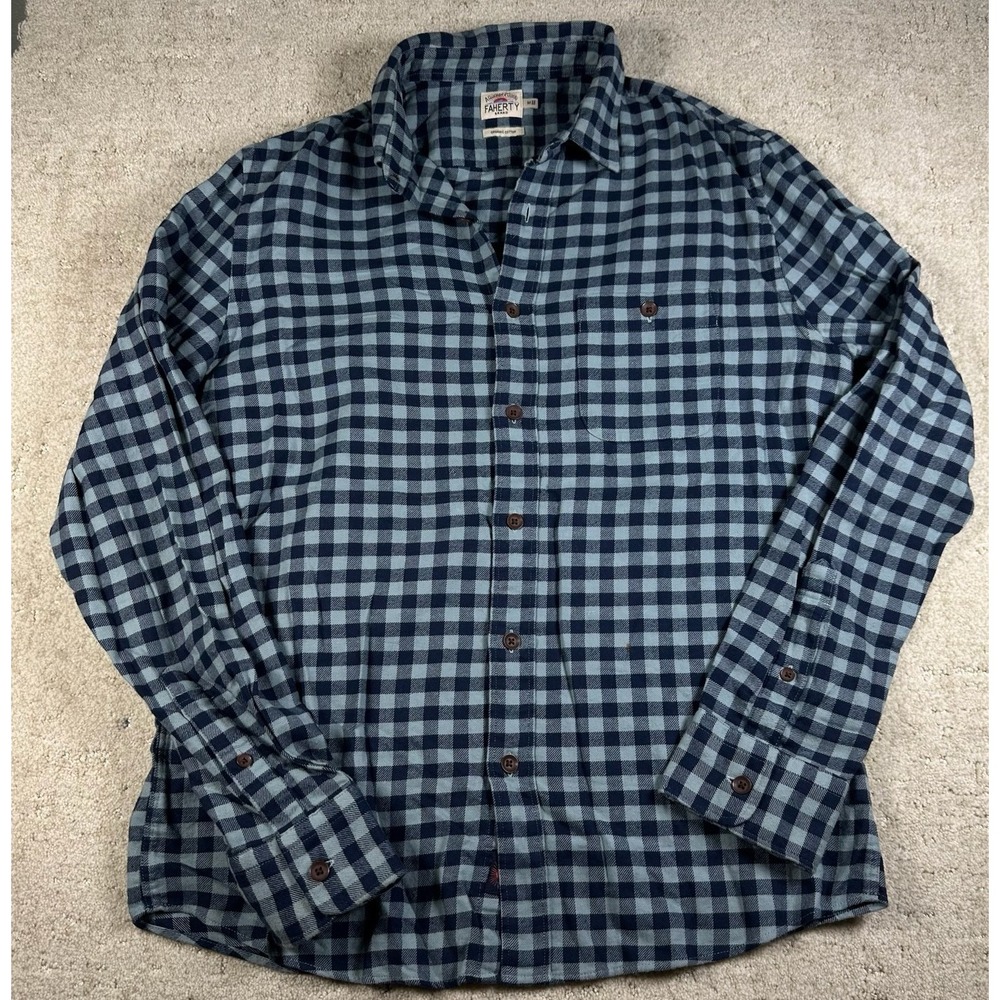 Faherty Shirt Blue Gingham Checkered Plaid Button Down Stretch Men's Sz Medium